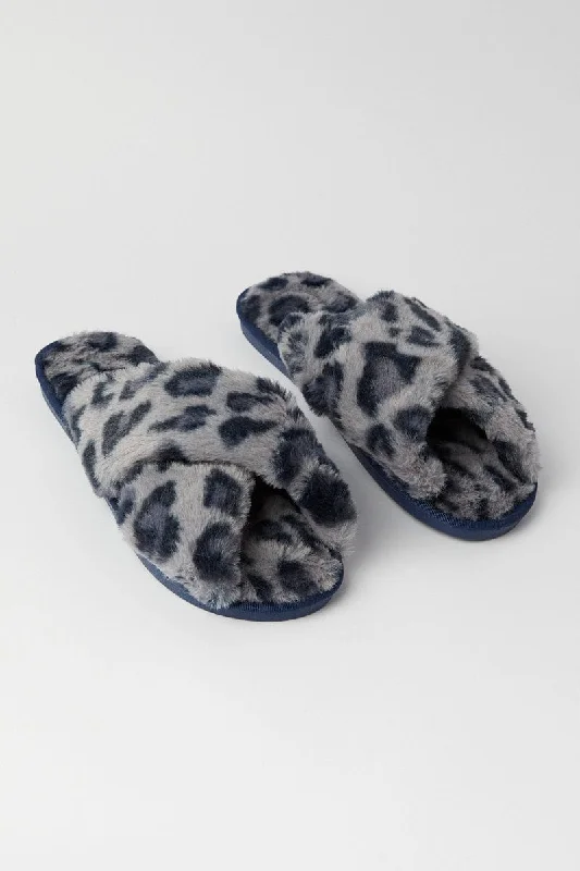 slippers for women with fuzzy wool lining for extra warmth-Slippers with onsite comfort-Grey Animal Print Faux Fur Slippers