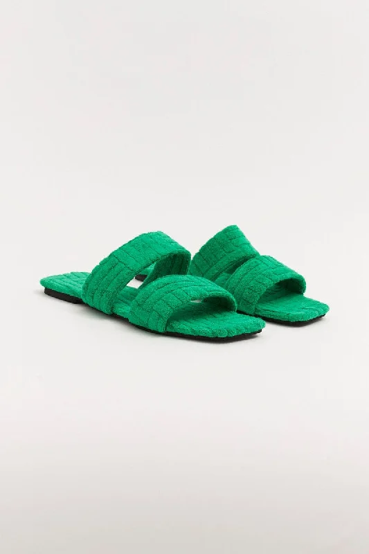 slippers for women with low-profile design for easy wear-Slippers with rooftop feel-Green Square Toe Toweling Detail Slippers