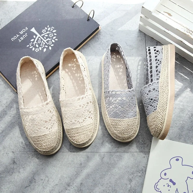 Flats with platform soles for a little lift and style-Flats for casual fit-Summer Casual Lace Flats Linen Braided Fisherman Shoes Foldable Flats