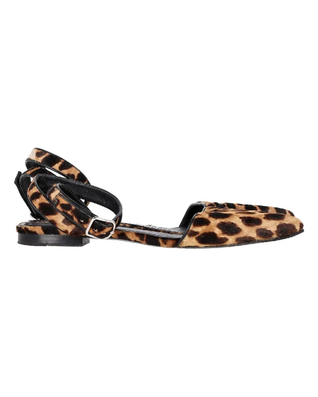 Flats with fringed detail for a boho-inspired look-Flats for minimalist fit-Alexander Wang Lara Leopard-Print Ankle-Wrap d'Orsay Flats in Brown Calf Hair