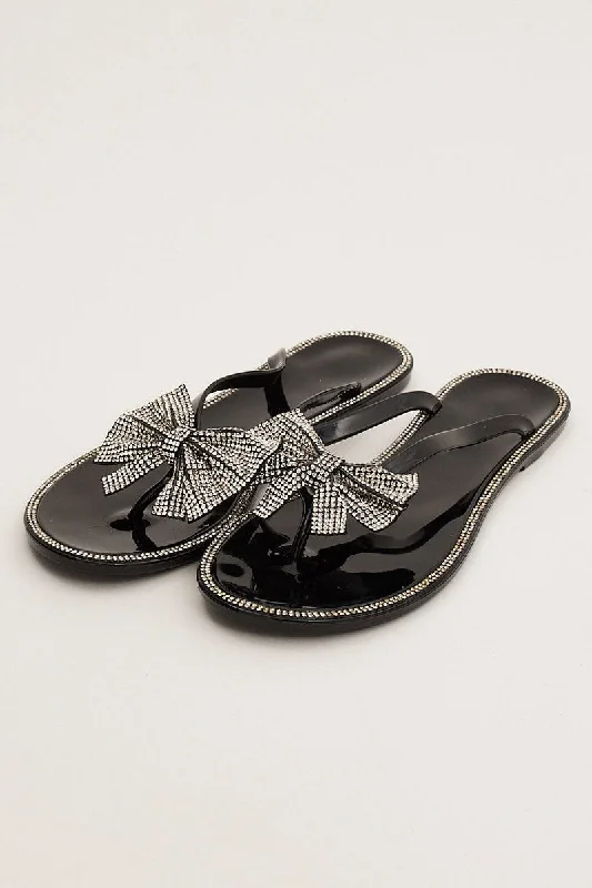 slippers for women with fun striped pattern for casual wear-Slippers with nearby rugs-Black Rhinestone and Bow Decor Slippers