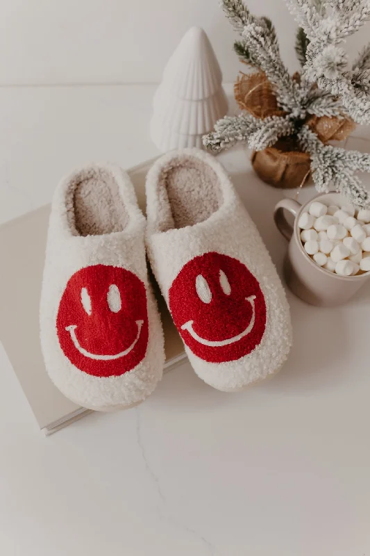 slippers for men with breathable fabric for cooler comfort-Slippers near quiet workspaces-Red Smiley Face Faux Plush Slippers