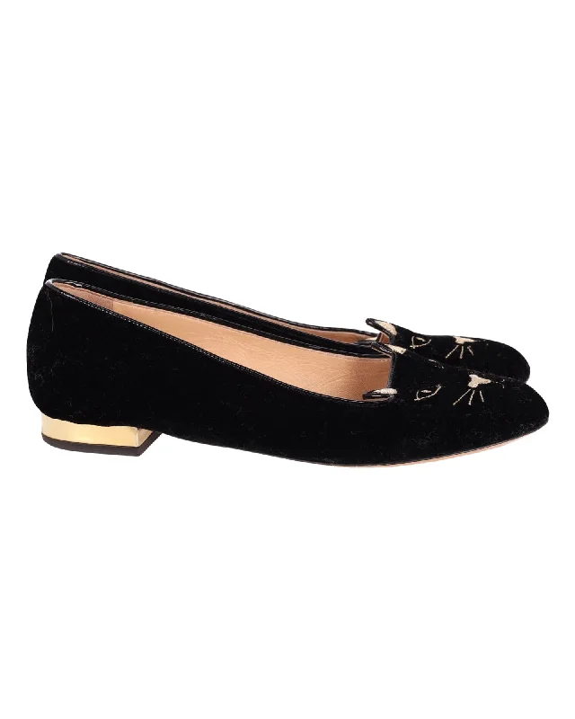 Flats with adjustable straps for a custom fit-Flats for high fit-Charlotte Olympia Kitty Ballet Flats in Black Suede