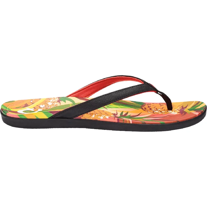 sandals for women with floral printsWomen's OluKai Ho'opio Hau Black/Pineapple Synthetic