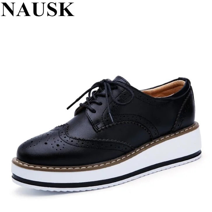 Comfortable flats with woven fabric for breathability-Flats with leather fit-NAUSK 2018 Spring Women Platform Shoes Woman Brogue Patent Leather Flats Lace Up Footwear Female Flat Oxford Shoes For Women