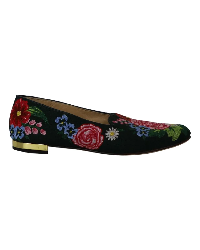 Flats with wrap-around design for a trendy look-Flats for casual fit-Charlotte Olympia Rose Garden Floral Embroidered Flats in Green Fabric