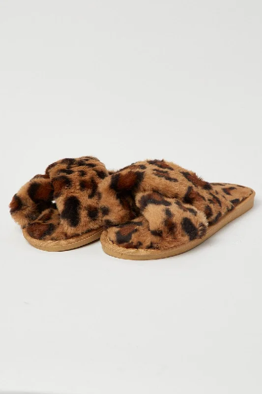 slippers for women with cute floral pattern for feminine style-Slippers with unique stitching-Brown Animal Print Faux Fur Slippers