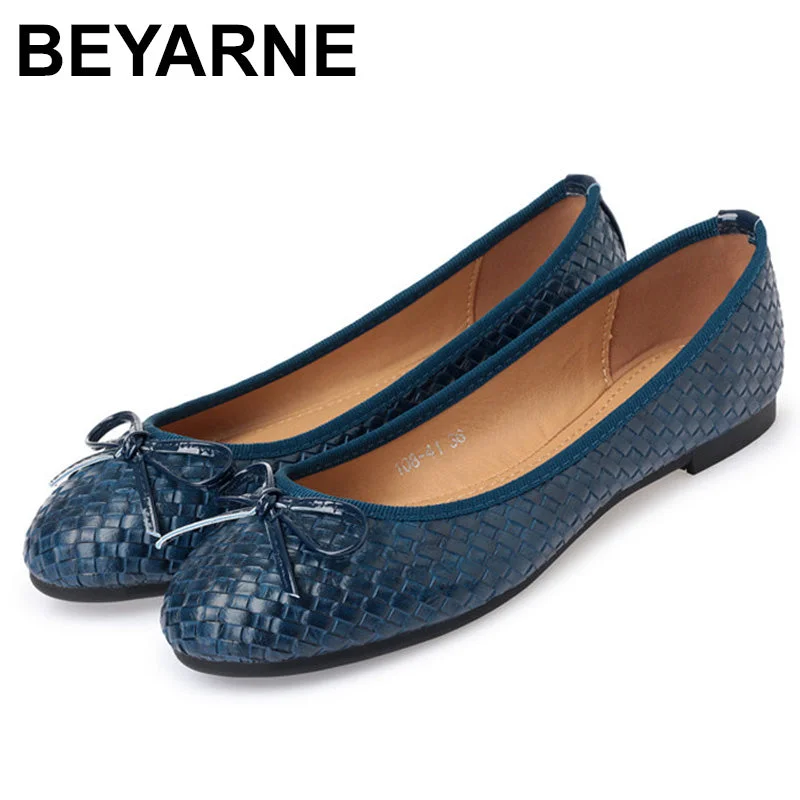 Flats with rounded toe for a classic and comfortable design-Flats with durable fit-BEYARNELadies Casual Flat Shoes Spring Bowtie Flats Women Round Toe Slip-on Ballet Flats Knitted Pu Leather Ballerinas FlatsE501