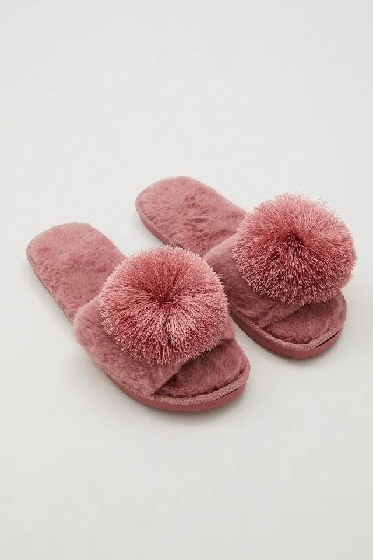 slippers for men with extra-padded insole for comfort-Slippers near cozy nooks-Pink Plush Pom Pom Detail Mule Slippers