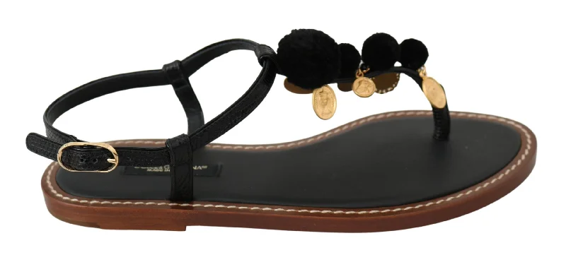 Comfortable flats with soft leather lining for cozy fit-Flats with bold fit-Dolce & Gabbana Pom Pom Flip Flop Ankle Strap Women's Flats