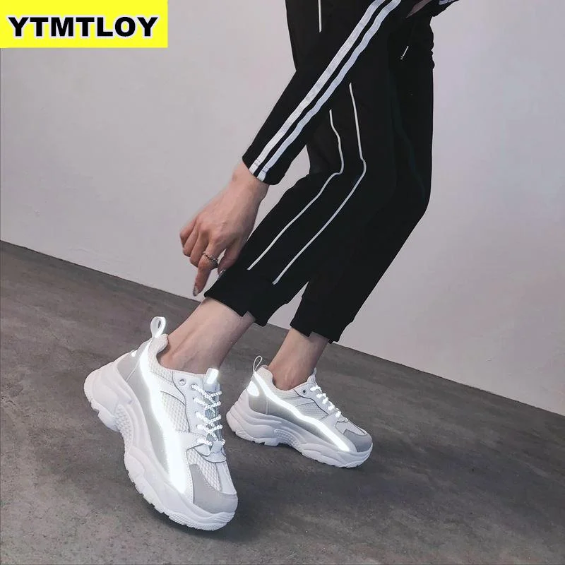 Flats with chunky sole for a modern, trendy vibe-Ballet flats for everyday-Women Sneakers 2019 Fashion Casual Shoes Woman Comfortable Breathable White Flats Female Platform Chaussure Femme Reflective