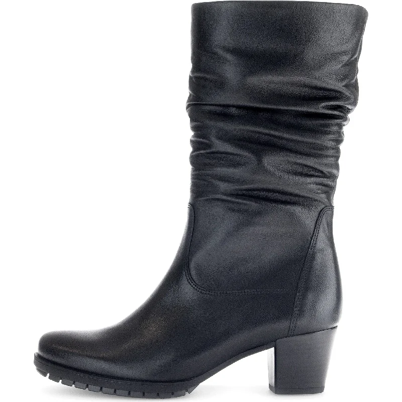 Leather boots for women with buckle and strap details-Gabor Oslo 56.606.57 Ladies Black Wide Leather Side Zip Mid-Calf Boots