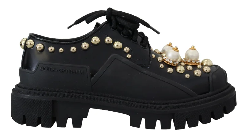 Flats for women with fringe details for a boho look-Flats with trendy patterns-Dolce & Gabbana Timeless  Leather Derby Flats with Glam Women's Accents