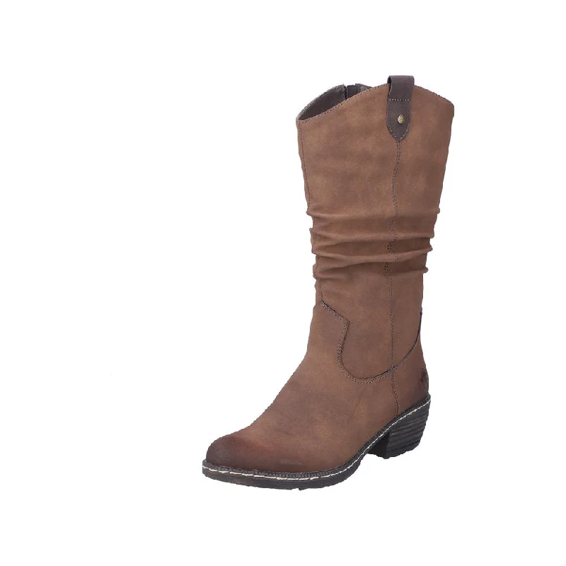 Classic leather boots for men with simple design-Rieker 93775-25 Ladies Brown Side Zip Mid-Calf Boots