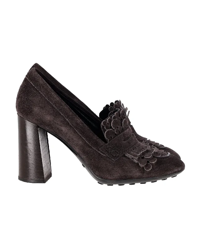 loafers for professional business wearLoafers with Solid StyleTod's Fringe Block Heel Penny Loafer Pumps in Brown Suede