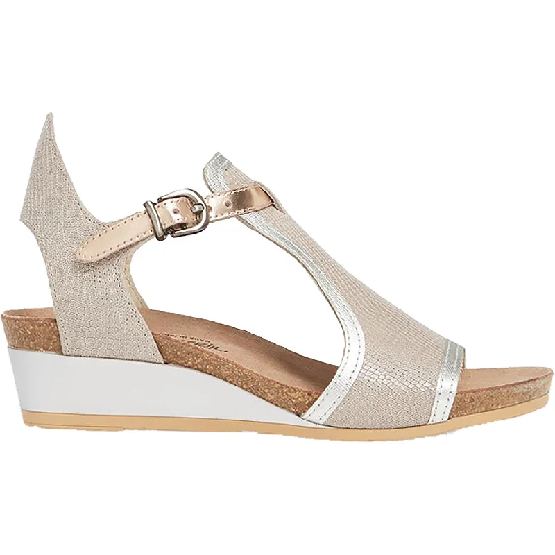 sandals with trendy woven design for added textureWomen's Naot Fiona Beige Lizard/Silver/Rose Gold Nubuck/Leather