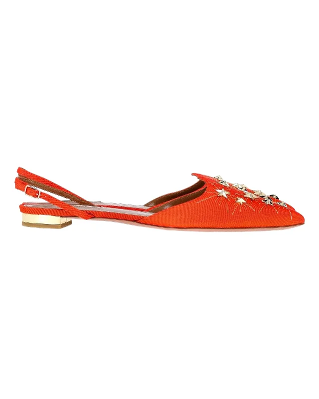 Stylish flats with ankle strap for a chic and secure feel-Flats with vintage fit-Aquazzura Studded Accents Slingback Flats in Orange Satin