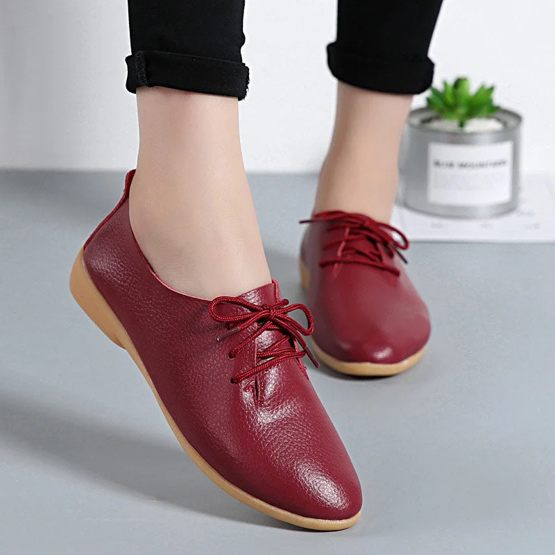 Comfortable flats for daily use with flexible soles-Flats for warm fit-Women flats genuine leather shoes summer fashion casual comfortable women shoes solid lace-up shoes woman female ladies shoes