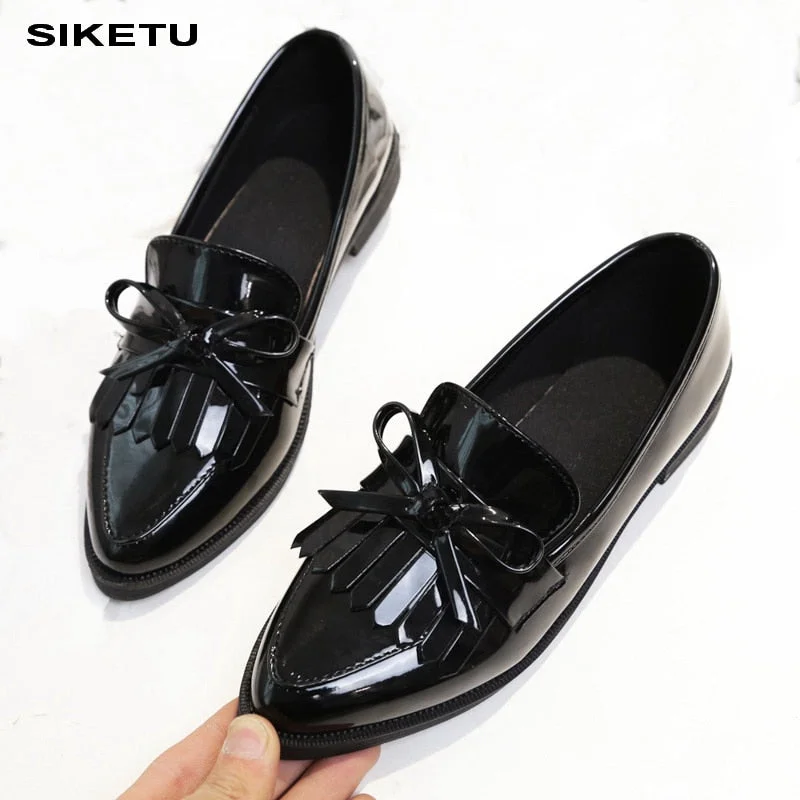 Stylish flats with chain accents for a contemporary vibe-Flats with trendy fit-Brand Shoes Woman Casual Tassel Bow Pointed Toe Black Oxford Shoes for Women Flats Comfortable Slip on Women Shoes Free Gift