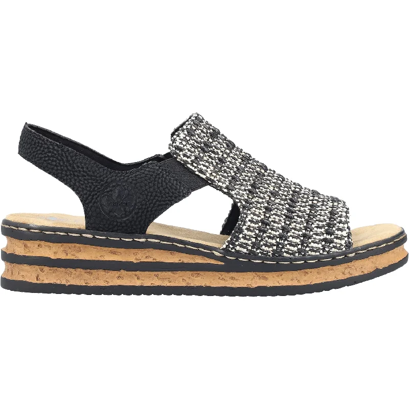 sandals with foot support for extended wearWomen's Rieker 62971-00 Black/Sand Woven