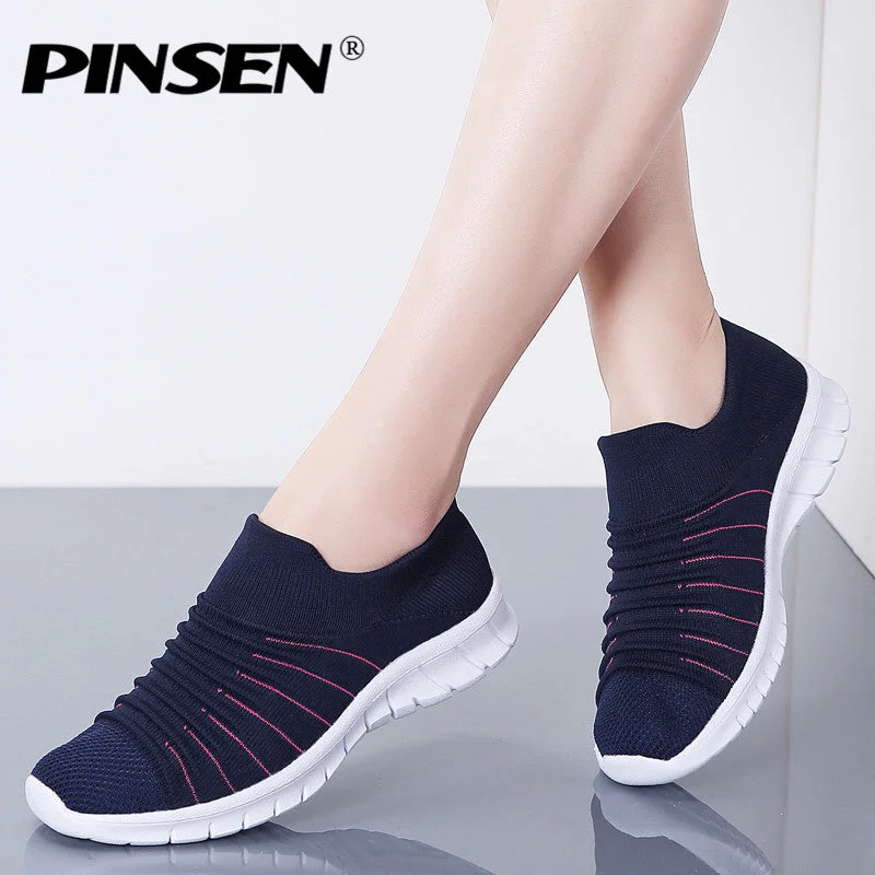 Flats with decorative studs for an edgy, bold look-Flats for women-PINSEN Sneakers Women Flats Shoes Summer Breathable Flying Weaving Casual Shoes Woman Slip-on creepers moccasins Ladies Shoes