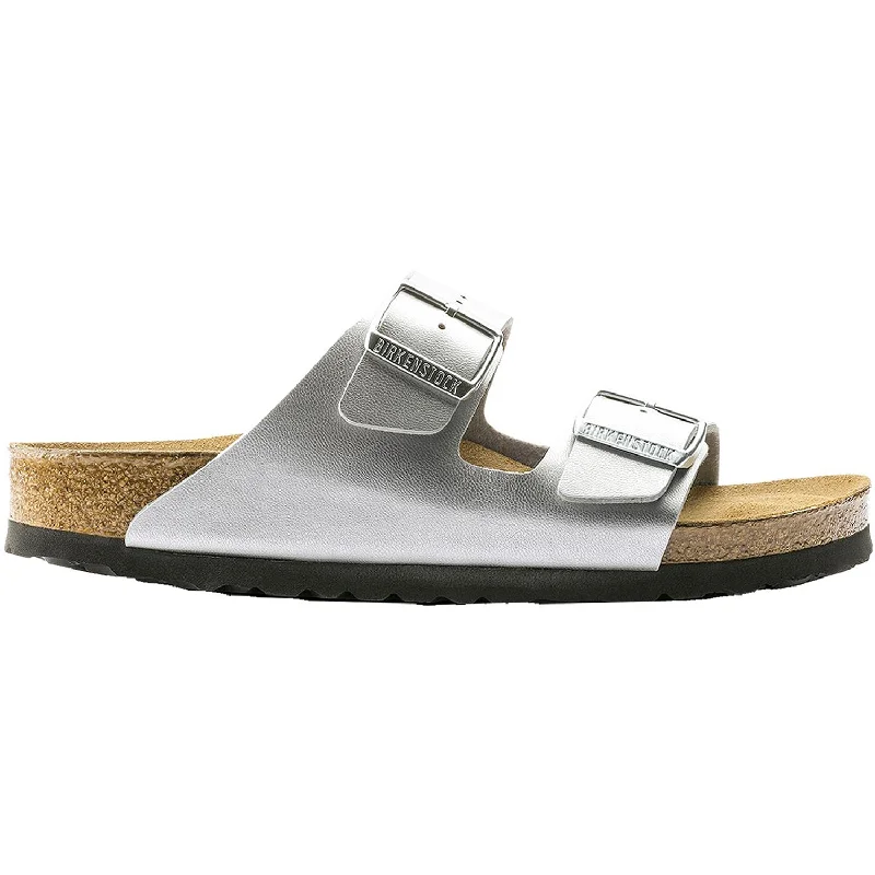 sandals for women with trendy woven strapsWomen's Birkenstock Arizona Soft Footbed Silver Birko-Flor