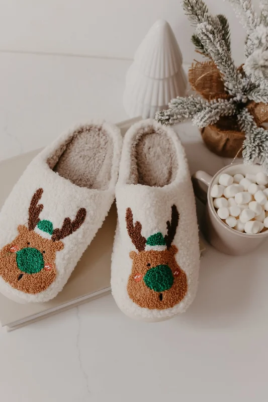 slippers for men with faux fur lining for warmth during winter-Slippers for affordable wear-Cream Faux Plush Reindeer Slippers